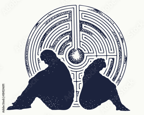 Problems of man and woman. Family conflicts. Quarrel, depression, divorce. Labyrinth of problems. Psychological illustration