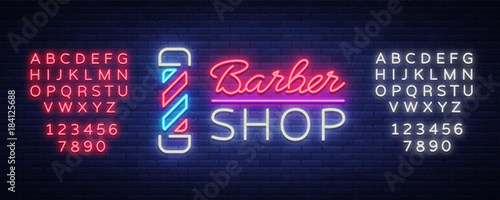 Vector logo neon sign barber shop for your design. For a label, a sign, a sign or an advertisement. Hipster Man, Hairdresser Logo. Billboard, luminous banner. Editing text neon sign
