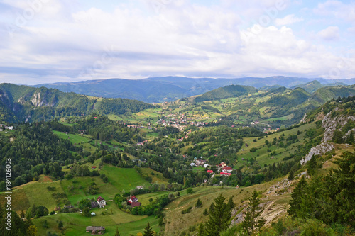 View of the Carpathians with village  Romania