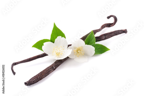 Vanilla sticks with flower and leaf isolated on white background