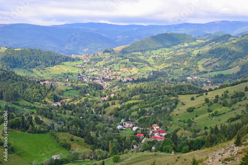 View of the Carpathians with village, Romania