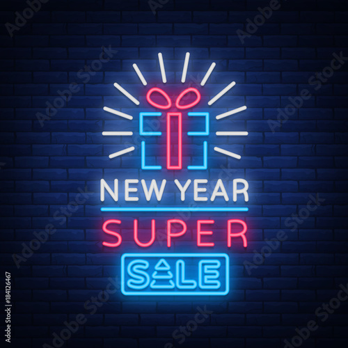 New Year Sale Card in Neon Style. Neon sign poster on New Year's sales and discounts. Flyer, Postcard, bright banner, night shining sign of holiday discounts. Vector illustration