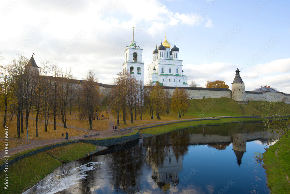 The Pskova river and the Pskov Kremlin on a cloudy October day. Russia