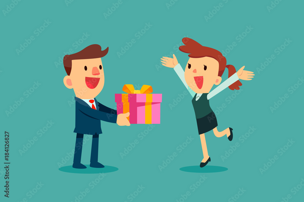 businessman giving a gift box to businesswoman