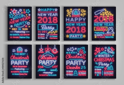 Happy Christmas and New Year 2018 set of posters vector illustration. Neon signs. Collection of brochures, leaflets, cards in a neon style design invitation template for the Christmas party
