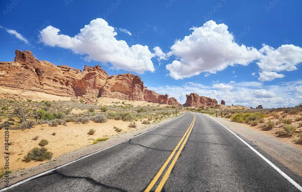 Scenic road, travel concept picture, Arches National Park, Utah, USA.