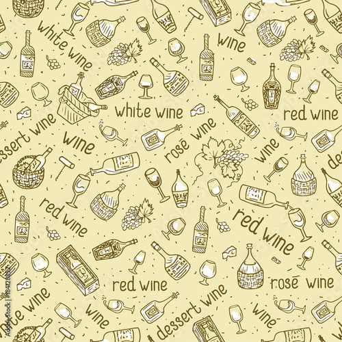 Wine bottle  glass  grape vine vector seamless pattern. Hand drawn drink illustration.