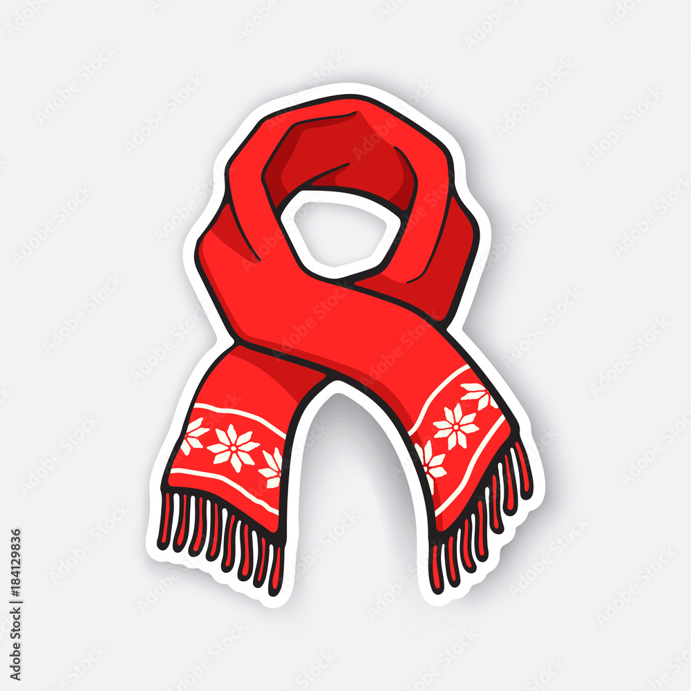 Vector illustration. Red winter scarf with snowflake pattern. Christmas  accessory made of wool for cold weather. Sticker in cartoon style with  contour. Isolated on white background Stock Vector | Adobe Stock