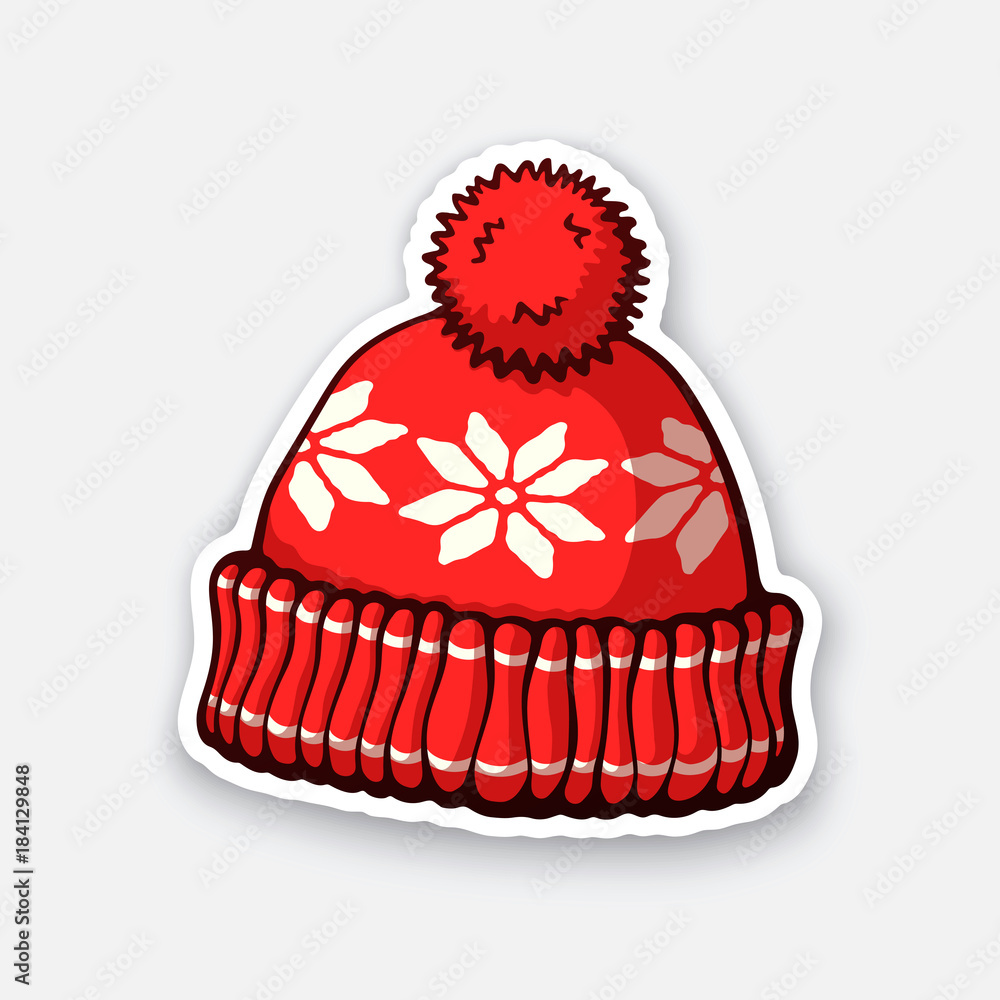 Vector illustration. Red winter hat with pompon and snowflake pattern.  Christmas headdress made of wool for cold weather. Sticker in cartoon style  with contour. Isolated on white background Stock Vector | Adobe