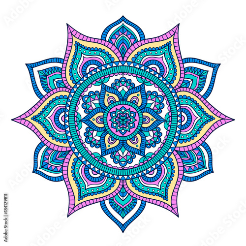 Vector hand drawn doodle mandala. Ethnic mandala with colorful tribal ornament. Isolated. Pink, white, blue and yellow colors.