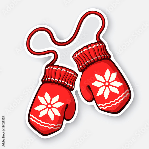 Vector illustration. Two christmas red mitten with snowflake pattern. Winter wool glove for cold weather. New year decoration. Sticker in cartoon style with contour. Isolated on white background