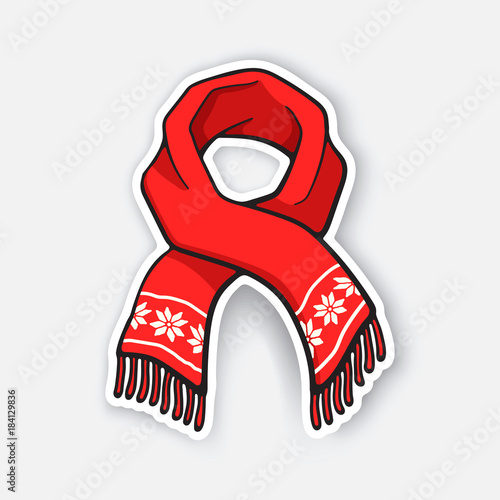 Vector illustration. Red winter scarf with snowflake pattern. Christmas accessory made of wool for cold weather. Sticker in cartoon style with contour. Isolated on white background
