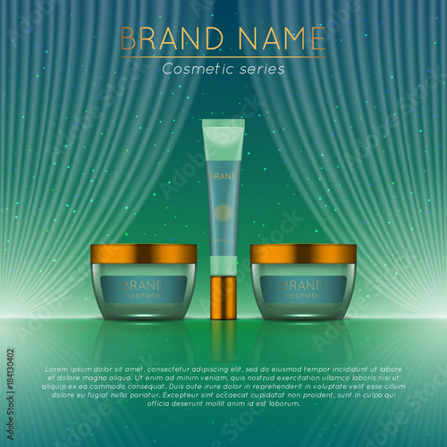 3D realistic cosmetic bottle ads template. Cosmetic brand advertising concept design with wavy light abstract background
