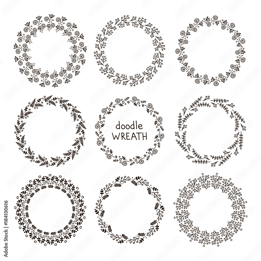 Doodle wreath. Vector hand drawn set of round floral wreaths. Black flower and brunch silhouettes. Isolated. On white background.
