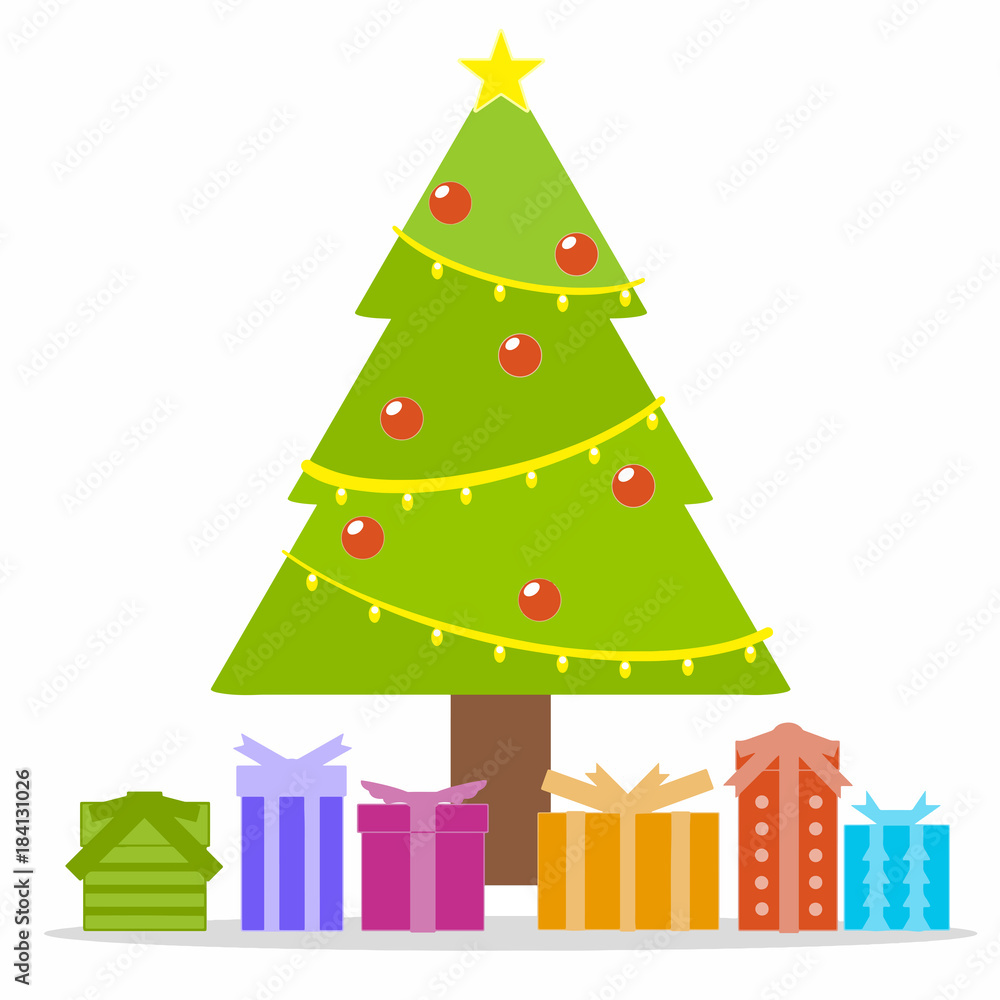 Christmas tree and various gift boxes decorations with stars and ball isolated on white background. flat icon Vector illustration.