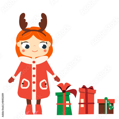 Cartoon smiling girl character wearing Christmas horns headband. Kid standing with new year gift boxes
