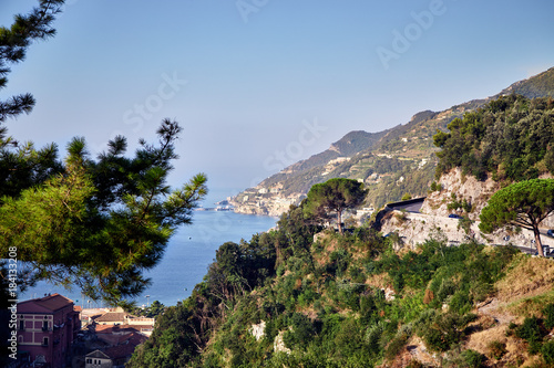 Summer landscape on the Amalfi coast with a view to the sea, mountains and the city on a clear morning