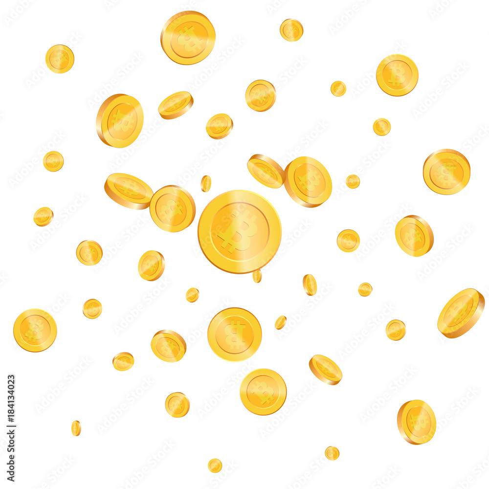 Bitcoin. Realistic gold coins with Bitcoin cryptocurrency sign. Bitcoin background