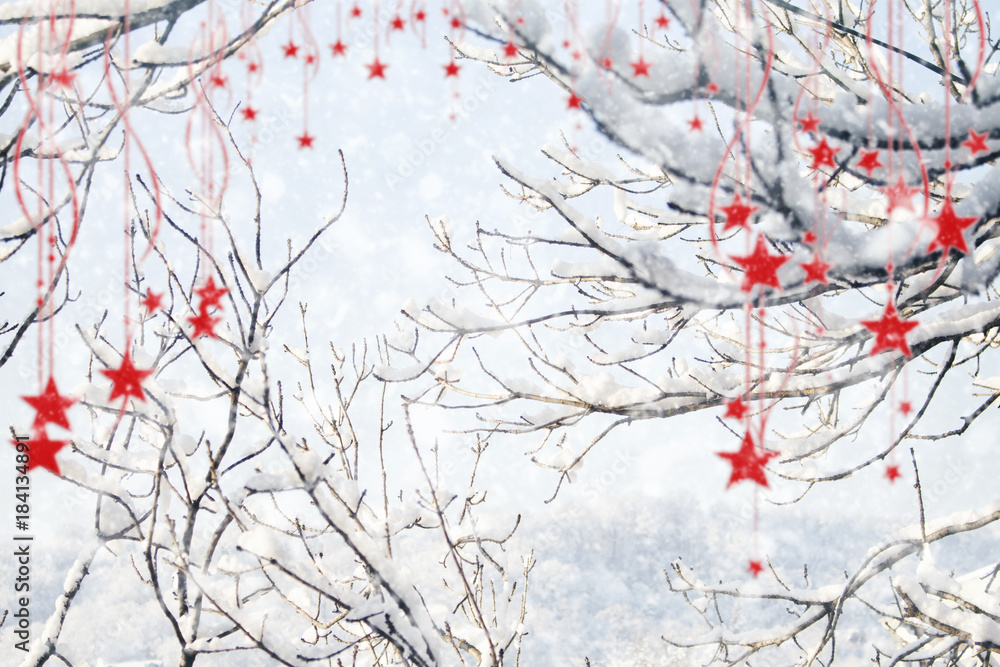 Merry Christmas Snow Background With Hanging Stars and Snowflakes Illustration Merry Christmas Snow Background With Hanging Stars and Snowflakes Illustration