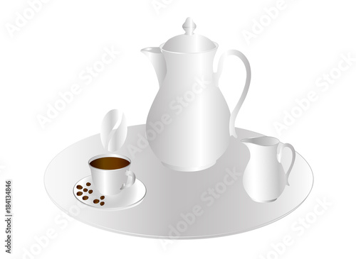 A white tray with a coffee pot, a creamer and a cup of coffee. Vector illustration on white background.