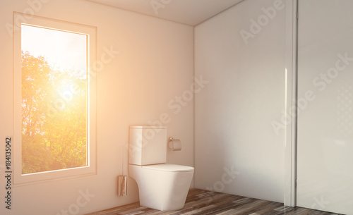 Modern bathroom including bath and sink. 3D rendering. Sunset