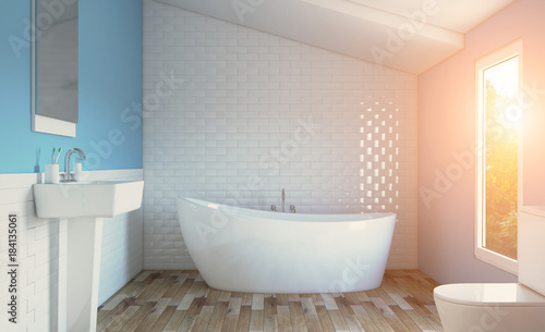 Spacious bathroom  clean  beautiful  luxurious  bright room. 3D rendering. Sunset