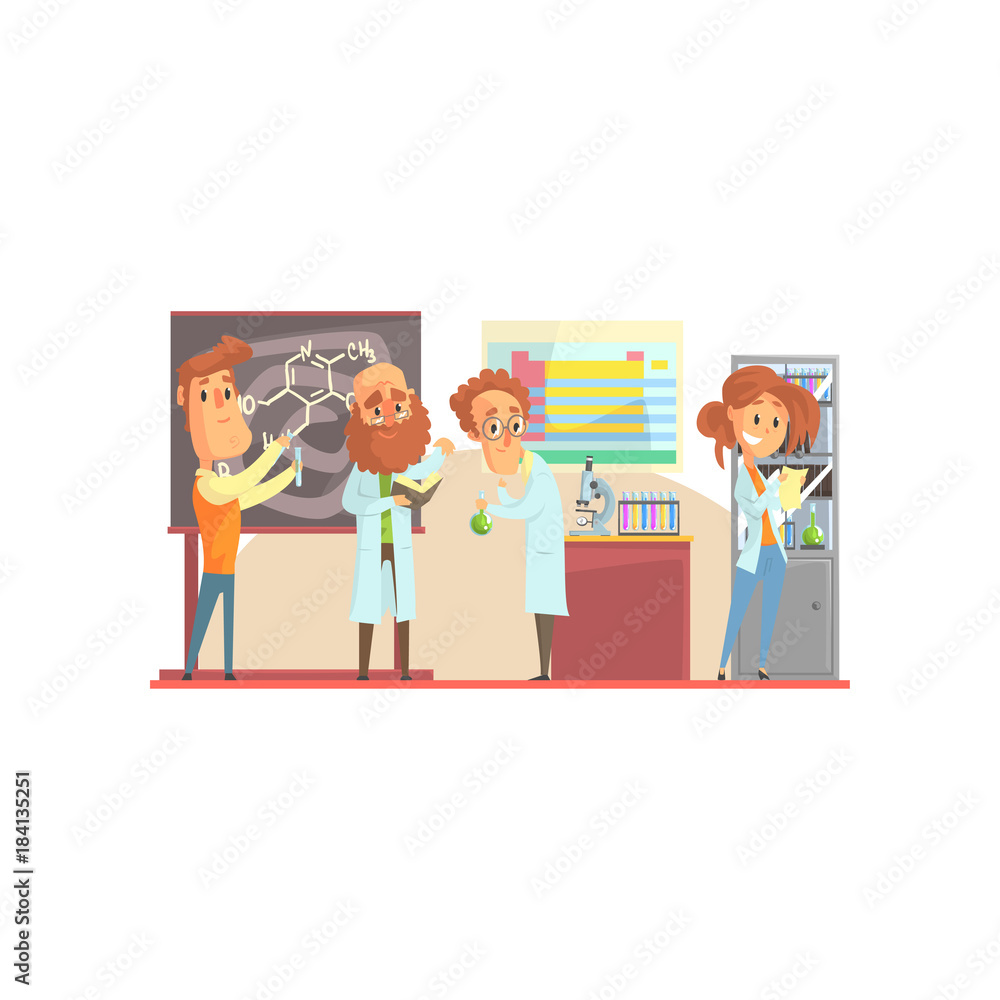 Group of men scientists and girl assistant in laboratory. Lab interior design with blackboard, table, cabinet, microscope, test tubes, periodic table. Isolated flat vector Group of men scientists and girl assistant in laboratory. Lab interior design with blackboard, table, cabinet, microscope, test tubes, periodic table. Isolated flat vector