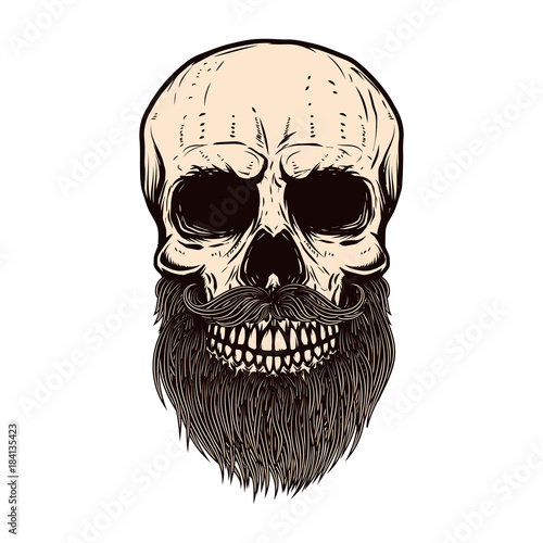 Bearded skull illustration on white background. Design element for poster, emblem, sign, t shirt. Vector illustration