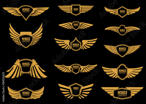 Set of wings icons in golden style. Design elements for logo, label, emblem, sign.