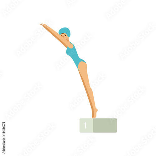 Young girl in blue swimsuit and silicone cap jumping into pool from spring board. Professional swimmer character. Isolated flat vector