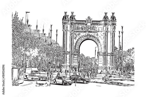 Sketch of Arc De Triomf, Barcelona, Spain in vector illustration.