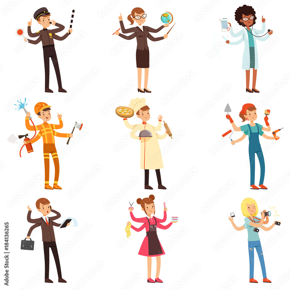 Cartoon flat multitasking characters set. Men and women with many hands. People of different professions. Vector collection