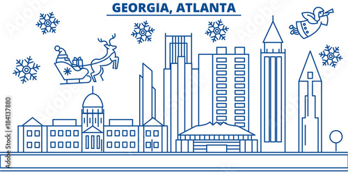 USA, Georgia , Atlanta  winter city skyline. Merry Christmas and Happy New Year decorated banner. Winter greeting card with snow and Santa Claus. Flat, line vector, linear christmas illustration