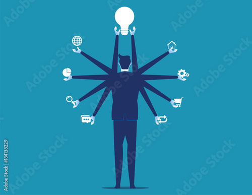 Manager holding business icons. Concept business vector illustration. Rear view style.