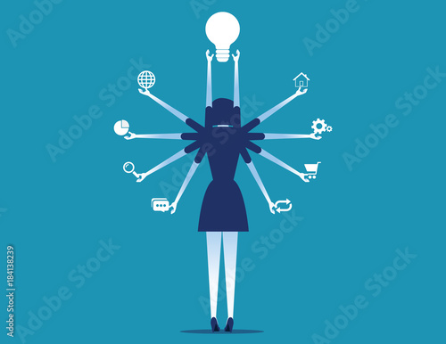 Manager holding business icons. Concept business vector illustration. Rear view style.