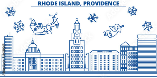 USA, Rhode Island , Providence  winter city skyline. Merry Christmas and Happy New Year decorated banner. Winter greeting card with snow and Santa Claus. Flat, line vector, linear christma