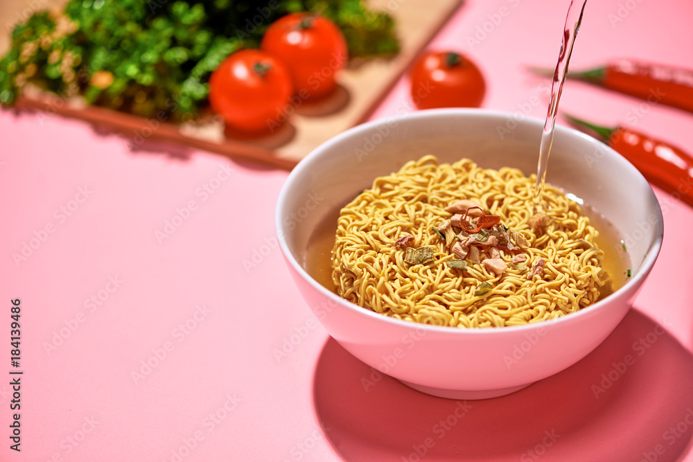 Cooking instant noodles, boiling water. Cooking instant noodles, boiling water.