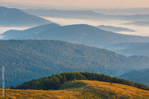 Fototapeta Naklejka Na Ścianę i Meble -  Foggy landscape in Bieszczady Mountains, Poland, Europe