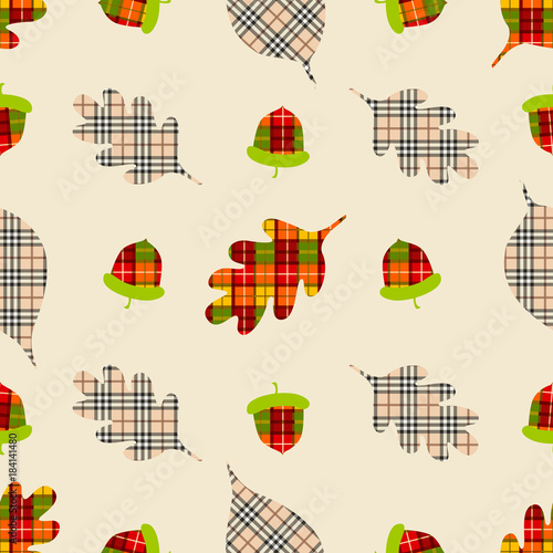 Autumn seamless pattern with leaves in plaids print. Cute vector background can be used for fabric, gift wrapping paper, wallpaper, card, poster, invitation, child book cover