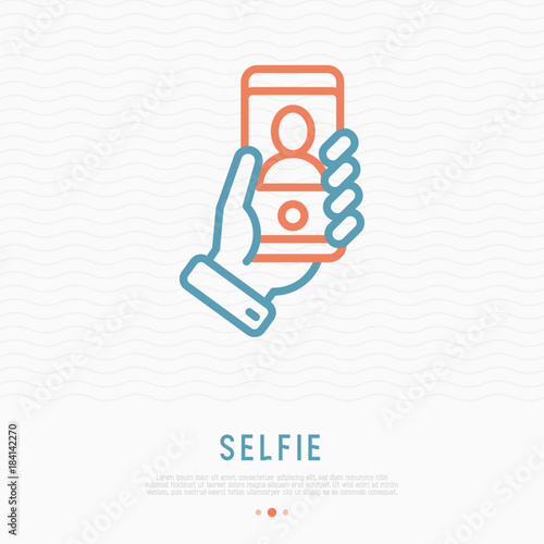Selfie thin line icon. Hand holding smartphone with silhouette. Modern vector illustration.