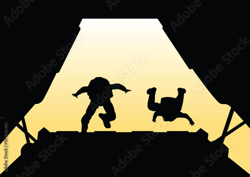 Two paratroopers jump from the plane.