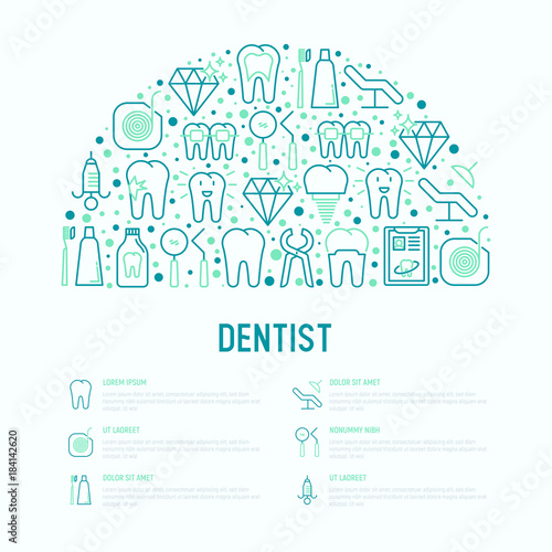 Dentist concept in half circle with thin line icons of tooth, implant, dental floss, crown, toothpaste, medical equipment. Modern vector illustration for banner, web page, print media.