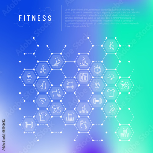 Fitness concept in honeycombs with thin line icons of running  dumbbell  waist  healthy food  swimming pool  pulse  wireless earphones  sportswear  yoga. Modern vector illustration for web page.