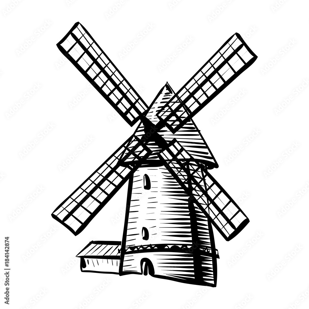 Windmill isolated on white background hand drawn sketch style illustration. Windmill vector monochrome outline image