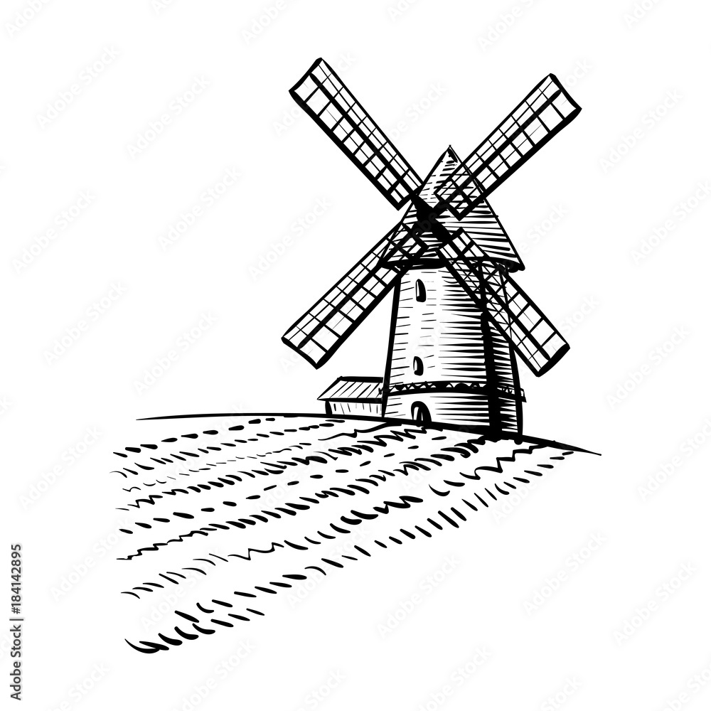 Windmill isolated on white background hand drawn sketch style illustration. Windmill vector monochrome outline image Windmill isolated on white background hand drawn sketch style illustration. Windmill vector monochrome outline image