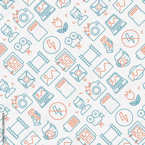 Photography seamless pattern with thin line icons of photographer, film, crop, flash, focus, light, panorama. Vector illustration.