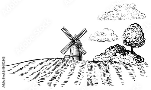 Windmill on agricultural field on background trees and rural landscape hand drawn sketch style illustration. Black and white rural farm horizontal landscape vector image