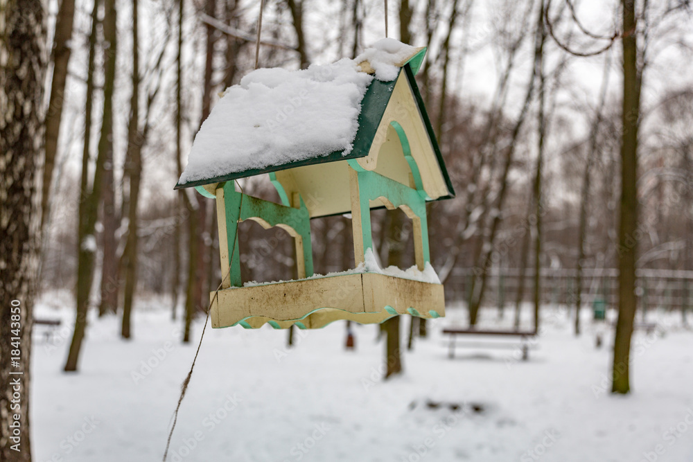 Wooden bird feeder in the snow-covered winter city park
Wooden bird feeder in the snow-covered winter city park