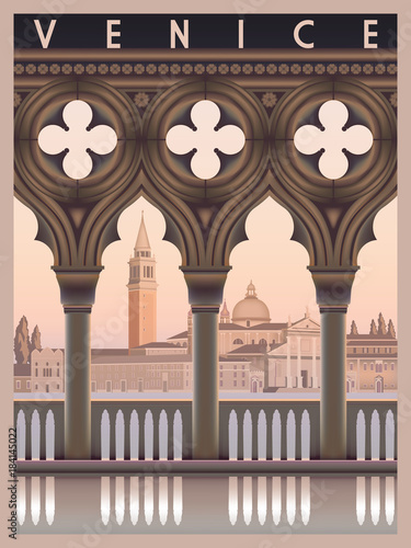 Early morning in Venice, Italy. Travel or post card template. All buildings are different objects. Handmade drawing vector illustration. Vintage style.