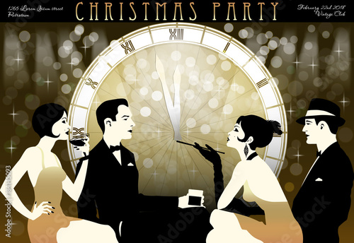 The party at the bar in the style of the early 20th century. Retro party invitation card. Handmade drawing vector illustration. Art Deco style.
